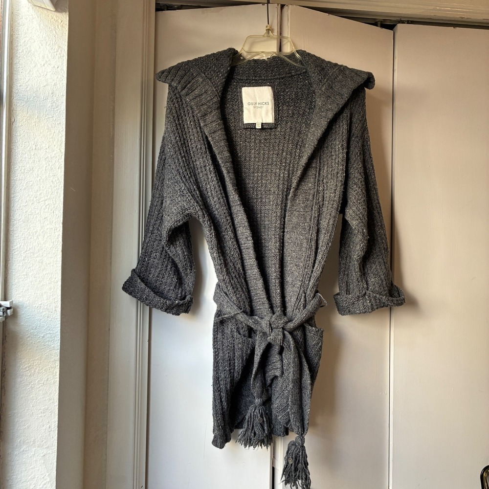 Gilly Hicks Shawl Collar Belted Cardigan Women Size XS/S Grey Wool Bl. Lagenlook